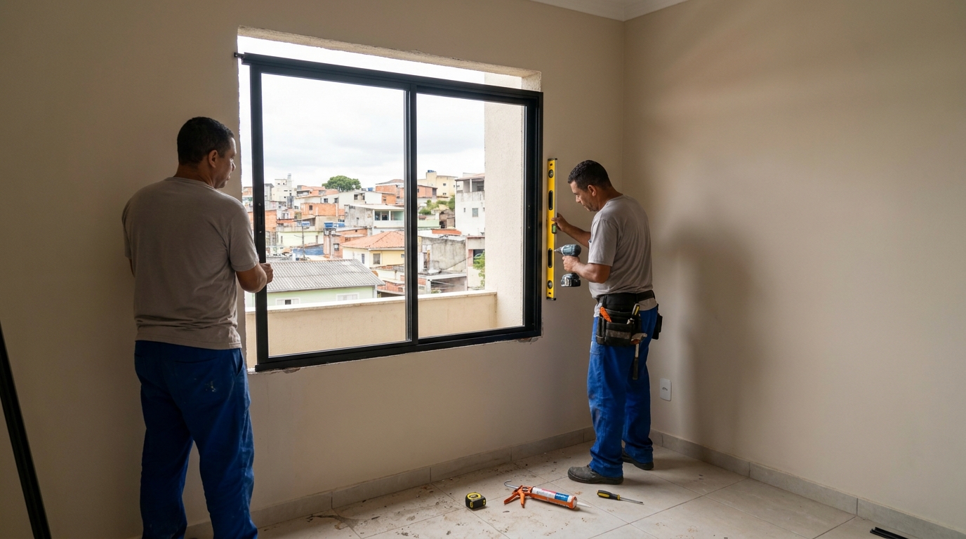 Esquadria de alumínio em quarto bege em Belo Horizonte-MG