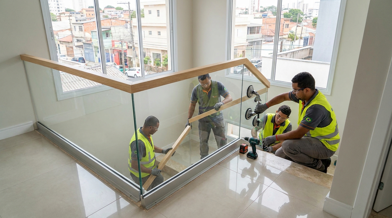 Mezanino interno com guarda-corpo de vidro em Belo Horizonte-MG