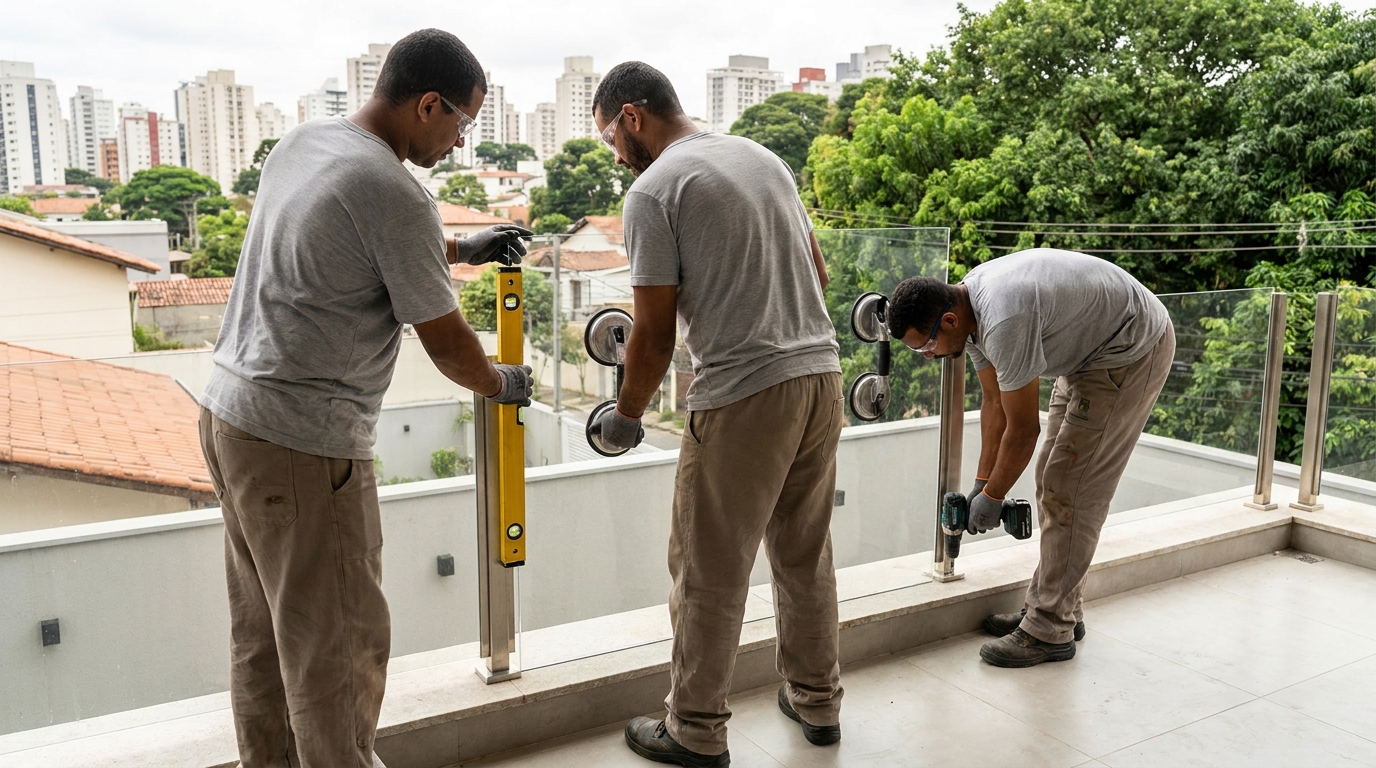 Guarda-corpo em terraço alto com vista cidade em Belo Horizonte-MG